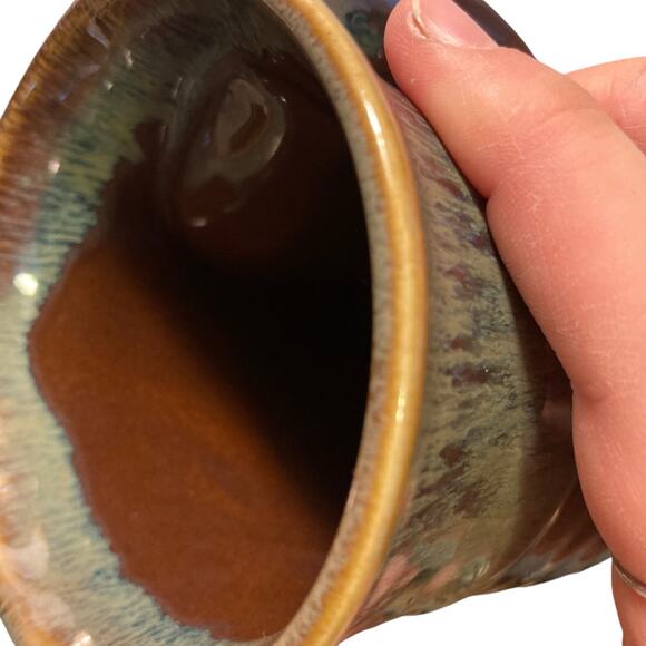 Hand Thrown Clay Blue Tan Brown Glazed Hand Warmer Tea Cup Coffee Mug Fall - Picture 10 of 15